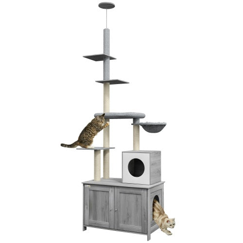 PawHut 2-in-1 Cat Tree with Hidden Litter Box Enclosure – Floor-to-Ceiling Cat Tower with Hammock, Condo & Scratching Posts, Gray