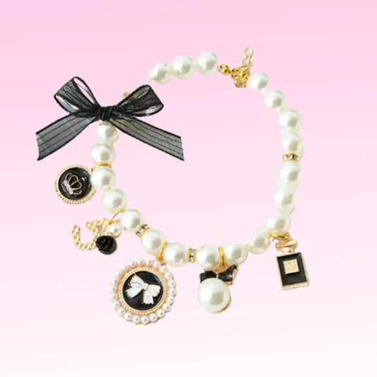 Pearls and Bow Charm Dog Necklace – Elegant Pearl Pet Necklace Bark Fifth Avenue