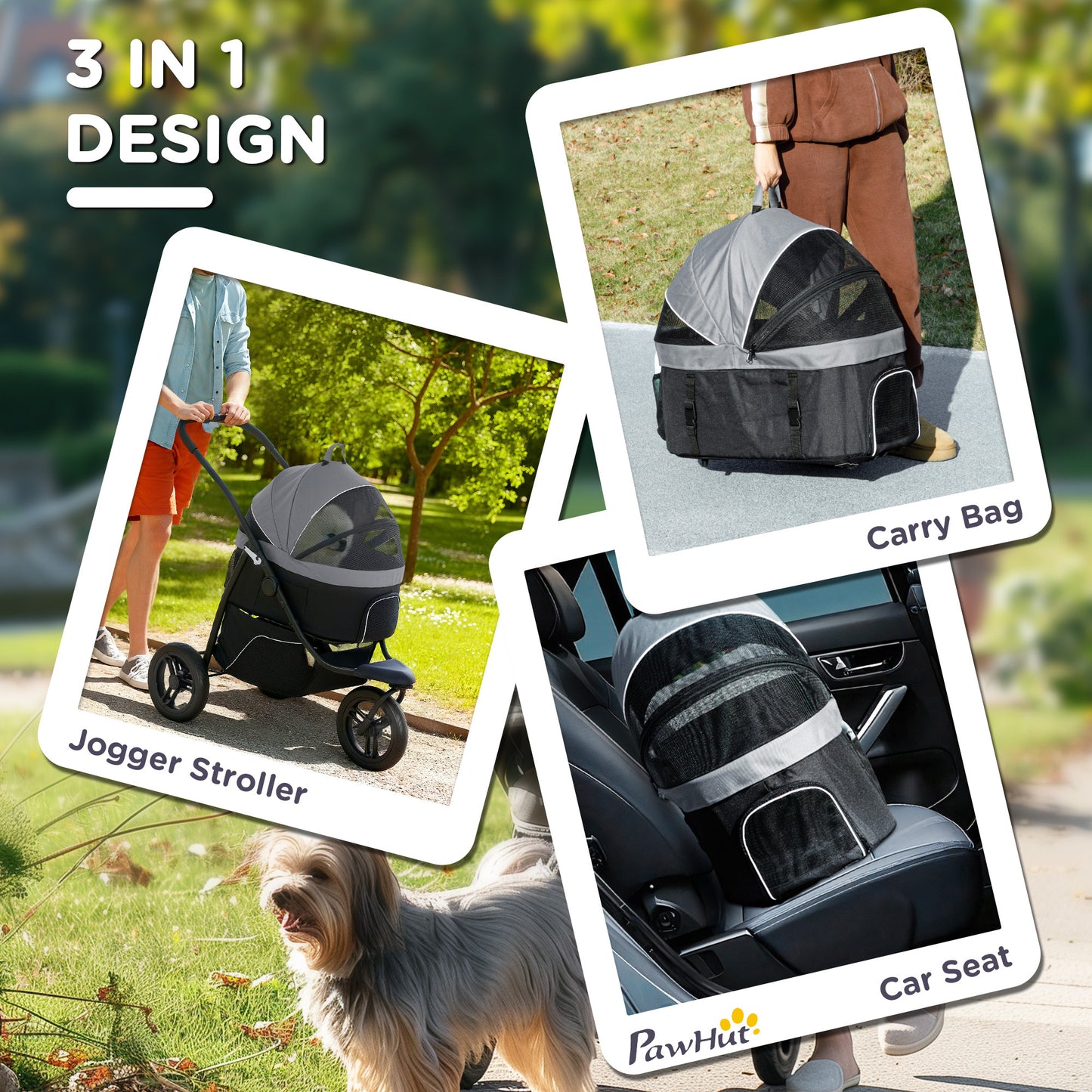 3-in-1 Pet Jogging Stroller – Detachable Carrier & Car Seat for Small Dogs & Cats (Gray)