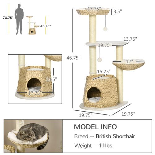 PawHut 47" Cat Tree – Multi-Level Cat Tower with Condo, Bed & Scratching Posts