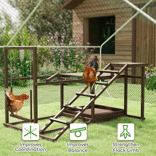 Wooden Chicken Activity Play Set with Perch, Swing, Ladder, Platforms & Feeder Storage – Coffee