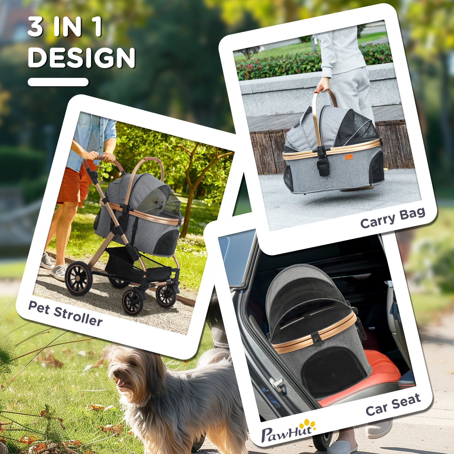3-in-1 Foldable Dog Stroller with Detachable Cabin & Storage Basket Description