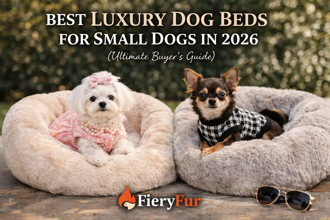 Best luxury dog beds for small dogs featuring plush orthopedic calming beds with stylish small dogs resting comfortably in premium pet bedding by FieryFur