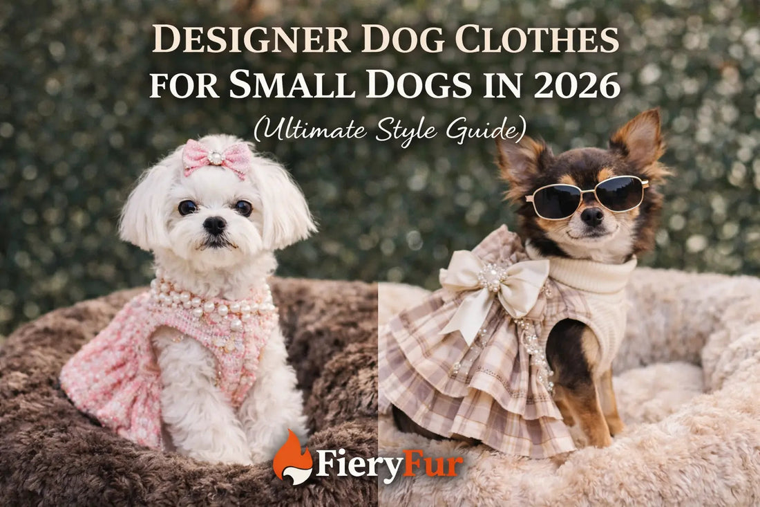 Designer dog clothes for small dogs featuring stylish outfits including luxury dresses and jackets on fashionable small dogs by FieryFur