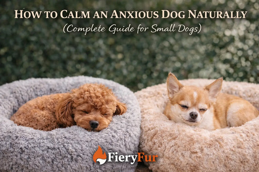 Calming dog beds for anxious small dogs featuring a toy poodle and chihuahua resting peacefully in soft plush orthopedic beds by FieryFur