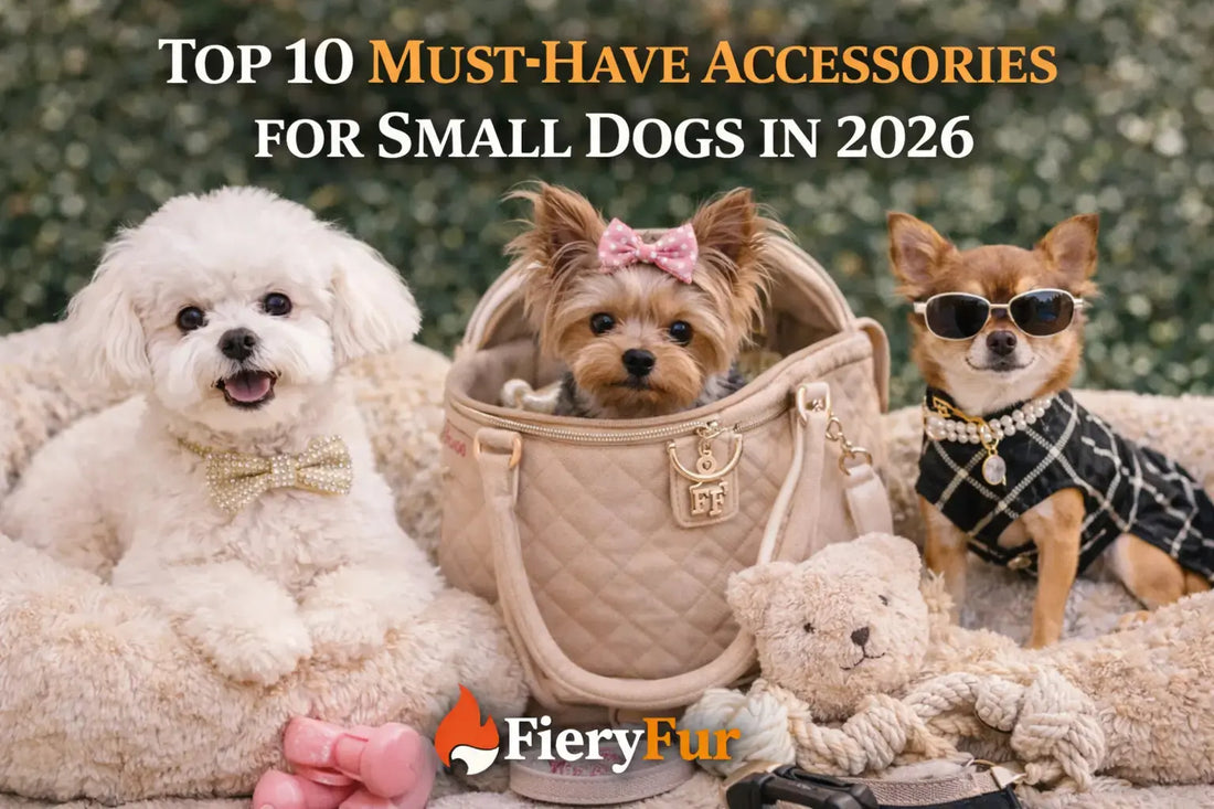 Must-have accessories for small dogs including luxury pet carrier, plush dog bed, stylish outfits and toys with fashionable small dogs by FieryFur