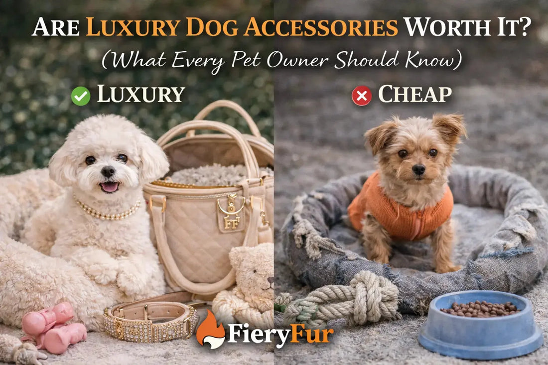 Luxury vs cheap dog accessories comparison showing premium pet products and low quality items with small dogs highlighting comfort, durability and style by FieryFur