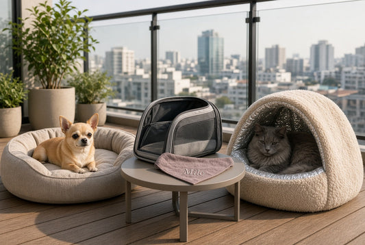 Small Chihuahua on orthopedic bed and gray cat in self-warming cave on a modern balcony with personalized bandana and carrier, showing luxury outdoor pet setup