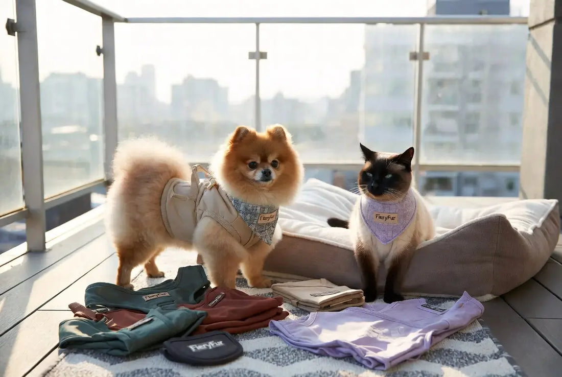 Small Pomeranian and Siamese cat wearing coordinated luxury FieryFur bandanas and apparel on a modern balcony, showcasing 2026 pet capsule wardrobe