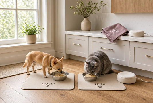 Small Chihuahua and gray cat eating at separate luxury feeding stations with personalized mat, mauve bandana and therapy pad in a modern kitchen