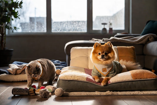 Pomeranian and British Shorthair cat with luxury pet rainy day indoor enrichment gear from FieryFur in a cozy room, 2026 wet weather comfort ideas