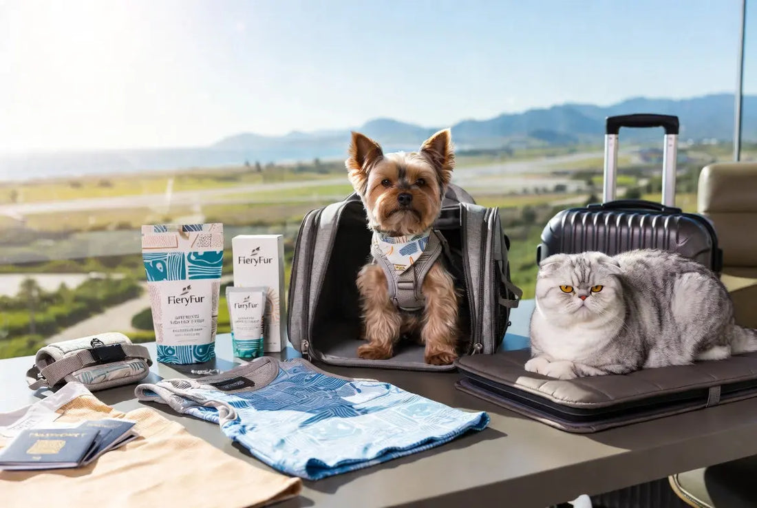 Yorkshire Terrier and Scottish Fold cat ready for luxury travel adventures with FieryFur gear in 2026 scenic setting