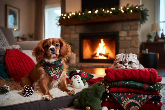 Cavalier King Charles Spaniel and Scottish Fold cat with luxury pet winter holiday festive gear from FieryFur in a cozy room, 2026 seasonal celebration ideas