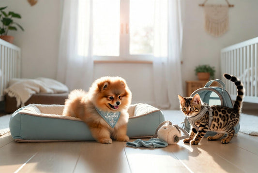 Pomeranian puppy and Bengal kitten with luxury introduction gear from FieryFur in a bright modern room, 2026 new pet essentials