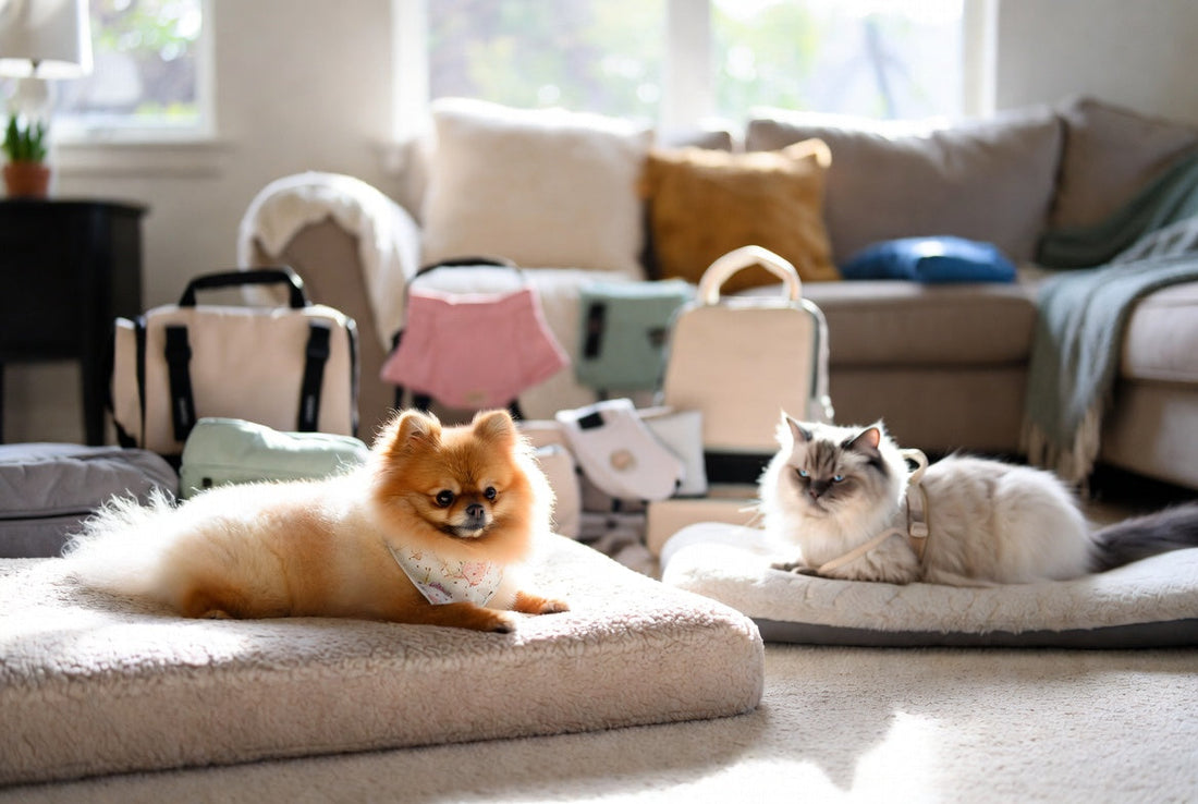 Senior Pomeranian and Ragdoll cat with luxury senior pet comfort gear from FieryFur in a modern living room, 2026 aging pet care essentials