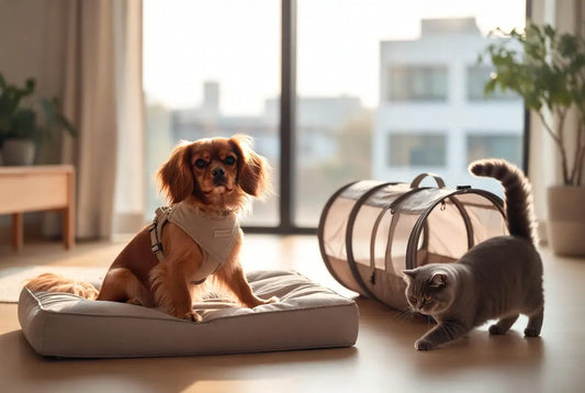 Cavalier King Charles Spaniel and British Shorthair cat with multi-functional luxury FieryFur gear in a modern small apartment, 2026 space-saving pet lifestyle