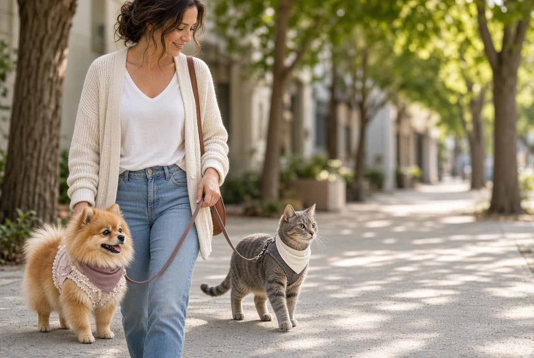 Small Pomeranian and domestic cat wearing luxury harnesses and personalized bandanas on a sunny neighborhood walk with their pet parent in 2026