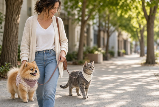 Small Pomeranian and domestic cat wearing luxury harnesses and personalized bandanas on a sunny neighborhood walk with their pet parent in 2026