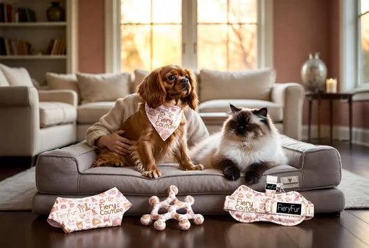 Cavalier King Charles Spaniel and Ragdoll cat sharing personalized luxury bonding moments with FieryFur gear in a cozy 2026 living room