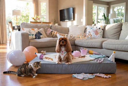 Cavalier King Charles Spaniel and Scottish Fold cat with luxury pet birthday celebration gear from FieryFur in a decorated room, 2026 special occasion ideas