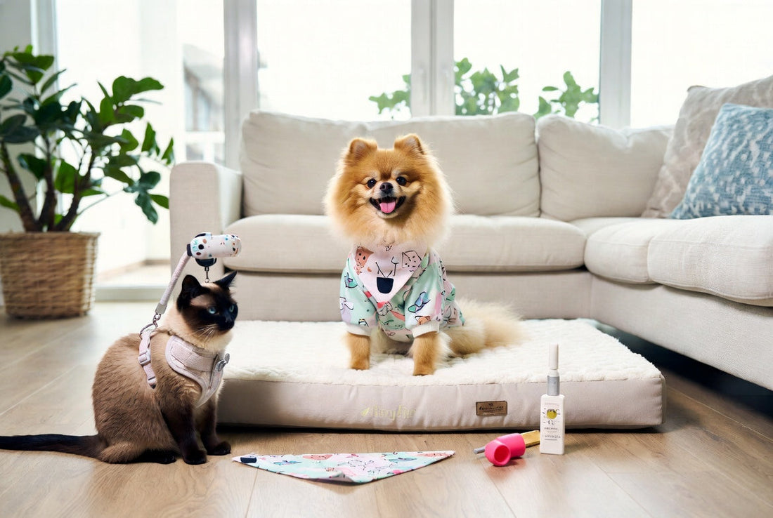 Pomeranian and Siamese cat with luxury pet content creation and styling gear from FieryFur in a modern room, 2026 social media ideas