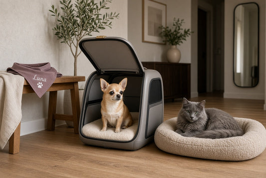 Small Chihuahua in open luxury carrier with therapy pad and gray cat on orthopedic bed with mauve bandana nearby, illustrating calm vet-visit preparation gear