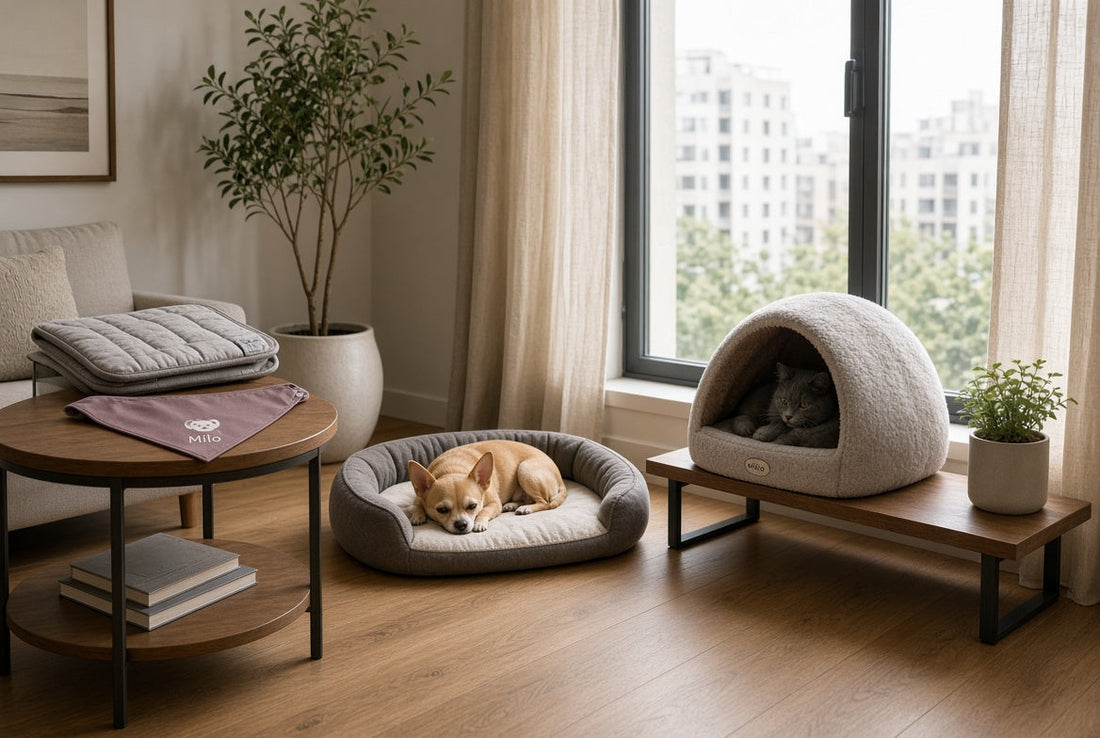 Small Chihuahua on orthopedic bed and gray cat in self-warming cave beside a sunny window with mauve bandana and therapy pad, showing a luxury indoor lookout station