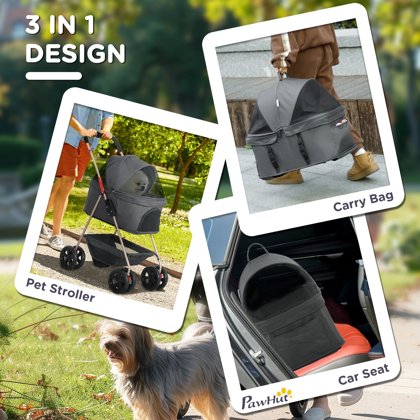 3-in-1 Foldable Pet Stroller with Detachable Carrier & Storage Basket – Gray