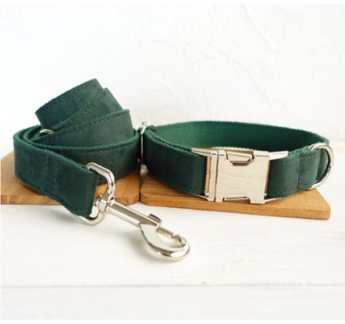 Double Thick Pile Traction Rope Set with Metal Buckle – Emerald Green Velvet Pet Leash & Collar Set