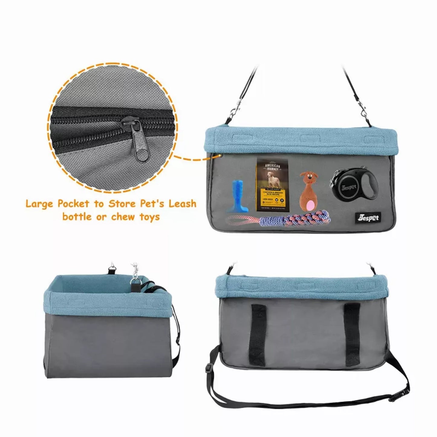 Detailed view of seat belt pass-through and safety clip on dog booster car seat for secure travel