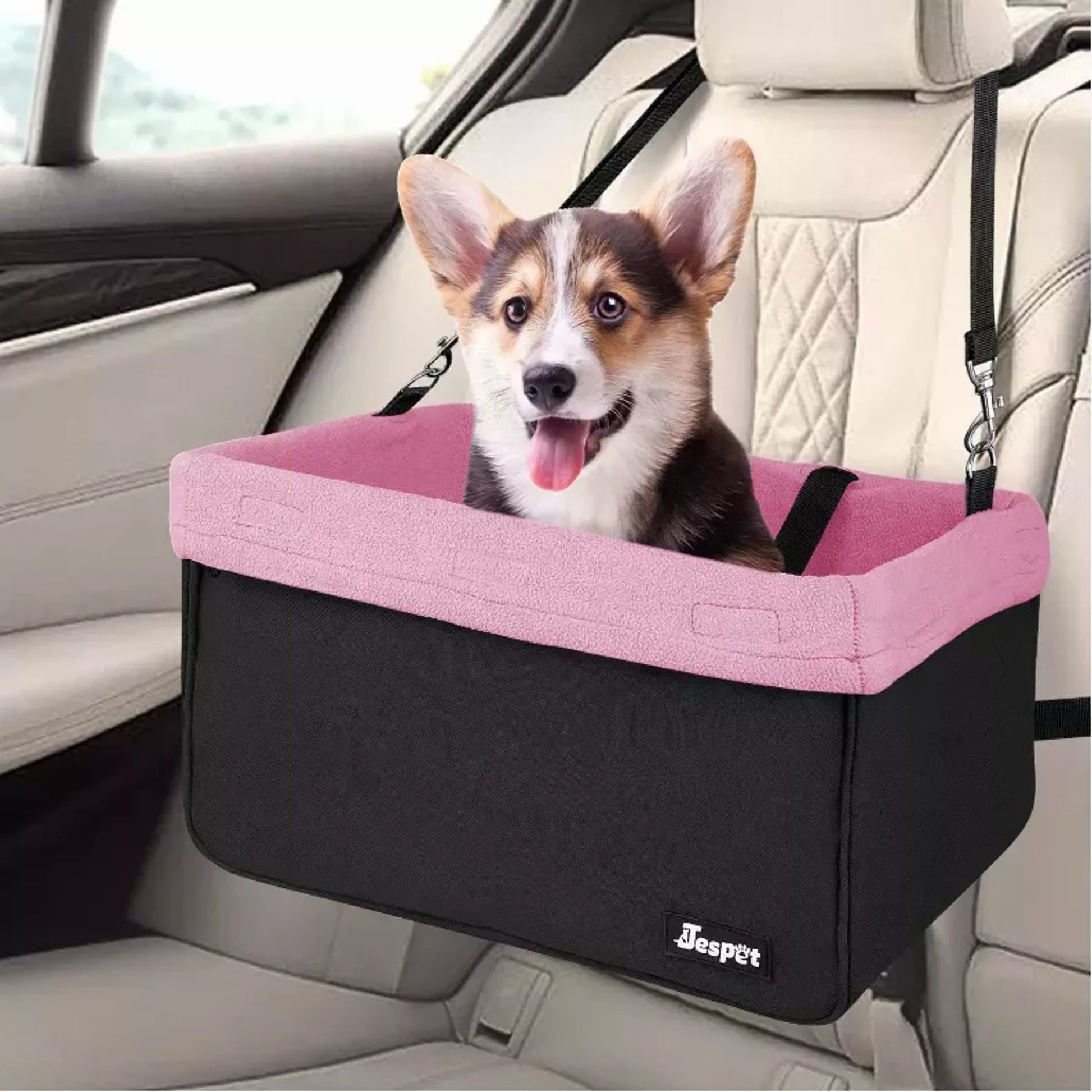 Dog booster car seat installed in vehicle with seat belt – portable car seat for small dogs and puppies USA