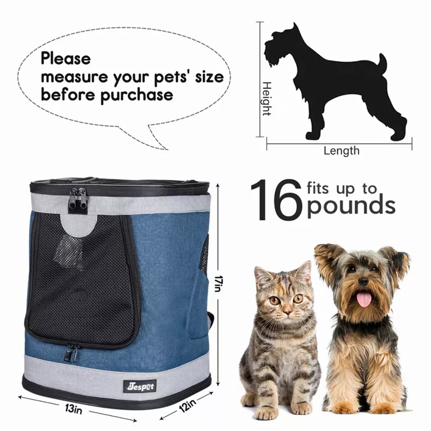 JESPET Pet Backpack Carrier for Small Dog, Puppy, Soft Carrier Backpack Ideal for Traveling, Hiking, Walking and Outdoor Activities with Family JESPET