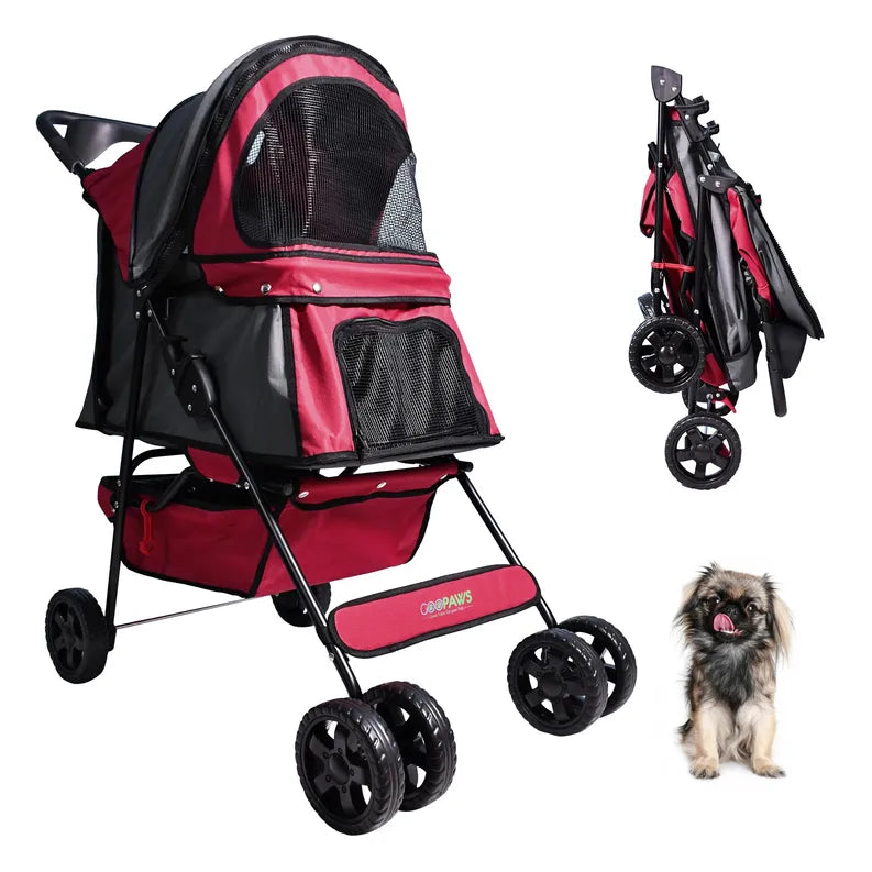 GOOPAWS 4-Wheel Promenade Pet Stroller for Dogs Cats, Safe Brake Wheels Foldable Jogging Stroller with Cup Holder, Storage Basket, Pad, Seat Belt Jespet Inc