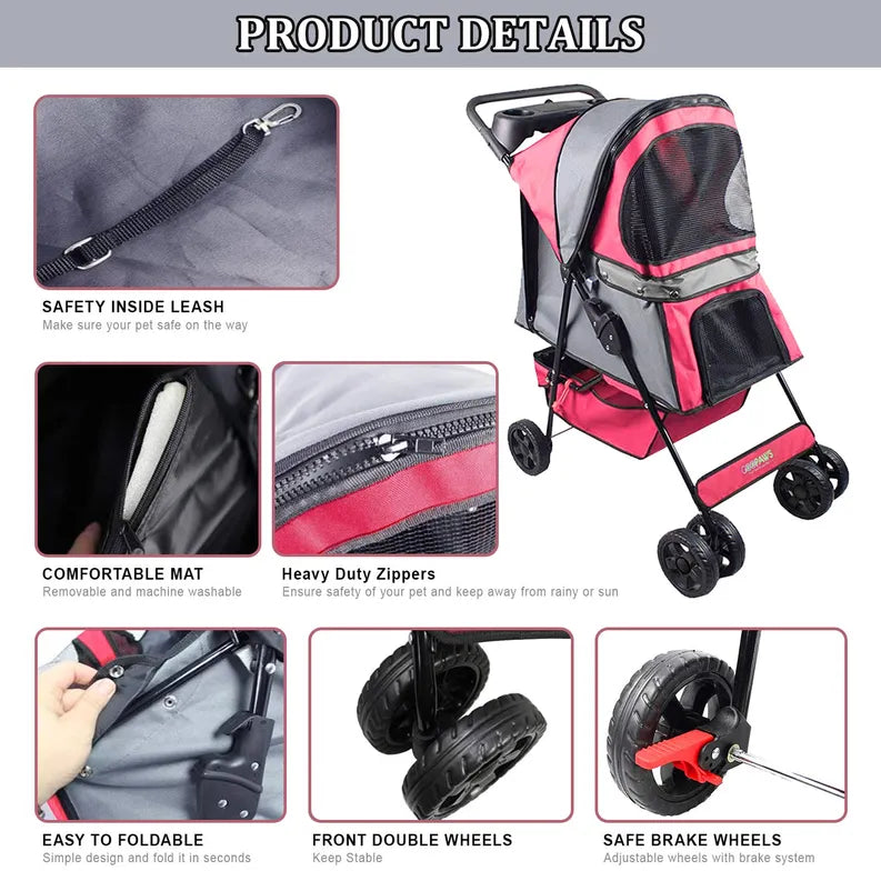 GOOPAWS 4-Wheel Promenade Pet Stroller for Dogs Cats, Safe Brake Wheels Foldable Jogging Stroller with Cup Holder, Storage Basket, Pad, Seat Belt Jespet Inc