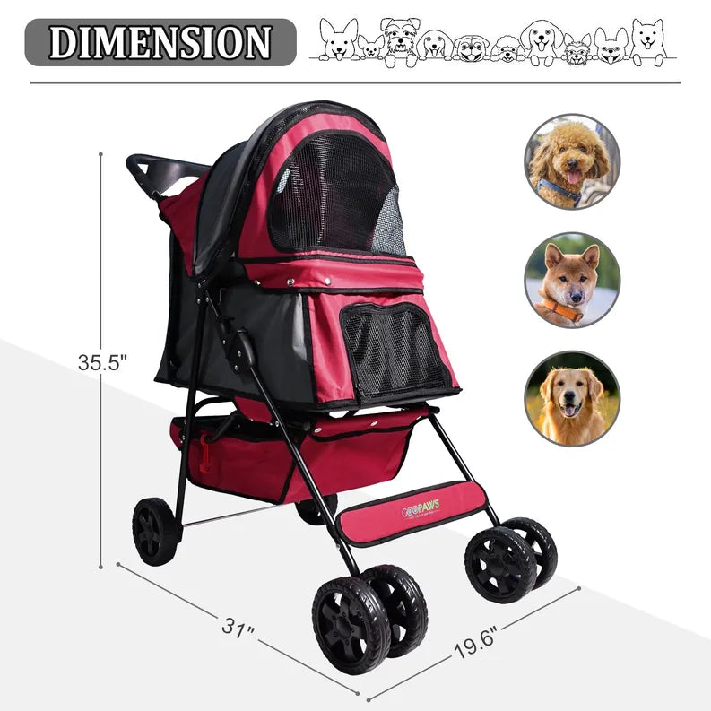 GOOPAWS 4-Wheel Promenade Pet Stroller for Dogs Cats, Safe Brake Wheels Foldable Jogging Stroller with Cup Holder, Storage Basket, Pad, Seat Belt Jespet Inc