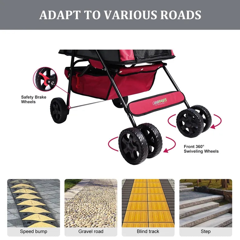 GOOPAWS 4-Wheel Promenade Pet Stroller for Dogs Cats, Safe Brake Wheels Foldable Jogging Stroller with Cup Holder, Storage Basket, Pad, Seat Belt Jespet Inc