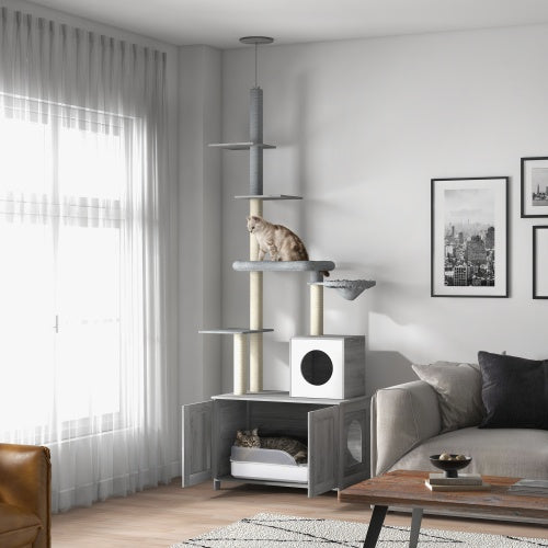 PawHut 2-in-1 Cat Tree with Hidden Litter Box Enclosure – Floor-to-Ceiling Cat Tower with Hammock, Condo & Scratching Posts, Gray