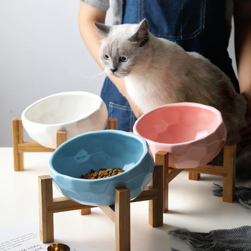 Pet Bowl with Wooden Stand – Oblique Ceramic Cat & Dog Food Bowl