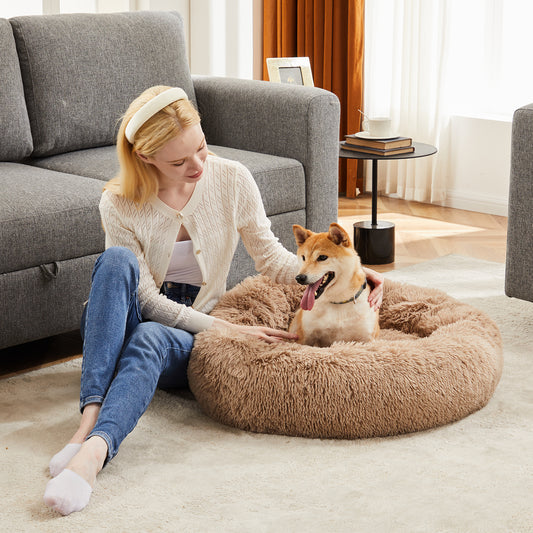24-Inch Anti-Slip Round Fluffy Plush Faux Fur Cat Bed – Fits Pets Up to 25 lbs