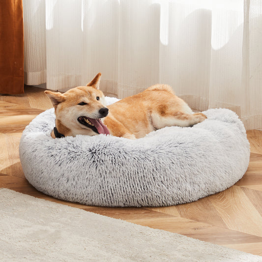 24-Inch Anti-Slip Round Fluffy Plush Faux Fur Cat Bed – Fits Pets Up to 25 lbs