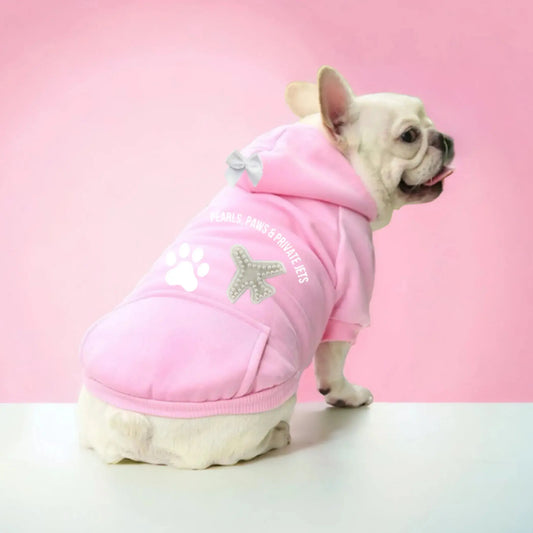 Jet-Set Pearl Pup Dog Hoodie – Luxury Pink Pearl Airplane Dog Hoodie Bark Fifth Avenue