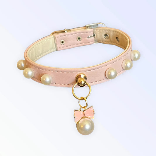 Beaded Pearls and Bow Dog Collar – Elegant Vegan Leather Pearl Pet Collar Bark Fifth Avenue