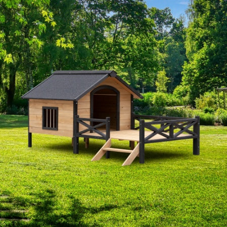 Fiery Haven Outdoor Wooden Dog Cabin with Porch – Large All-Weather Dog House for Medium to Large Dogs