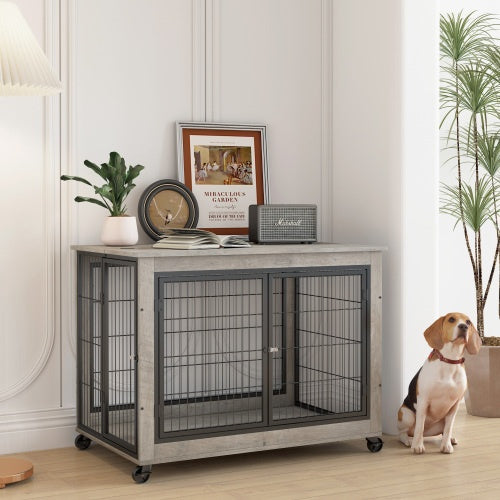 Furniture Style Dog Crate with Wheels & Double Doors – Grey Wooden Side Table Kennel