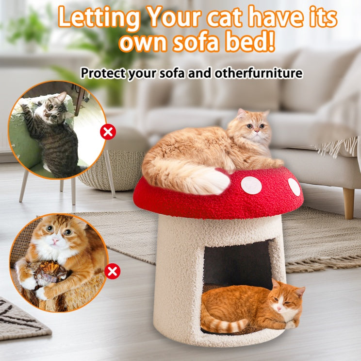 Whisker Haven Extra Large Mushroom Cat Bed – Red Umbrella Design, Scratch-Resistant & Washable (All Seasons)