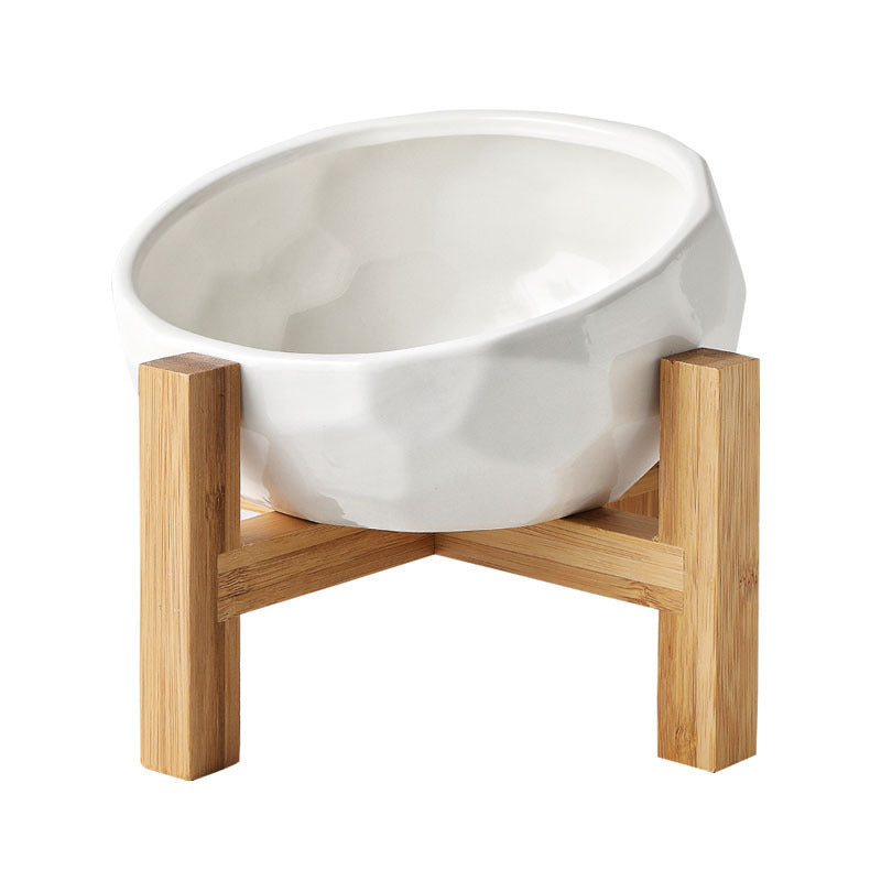 Pet Bowl with Wooden Stand – Oblique Ceramic Cat & Dog Food Bowl