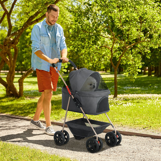 3-in-1 Foldable Pet Stroller with Detachable Carrier & Storage Basket – Gray