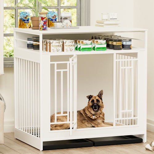43.3" Large Dog Kennel Furniture with Divider & Storage Drawers – White
