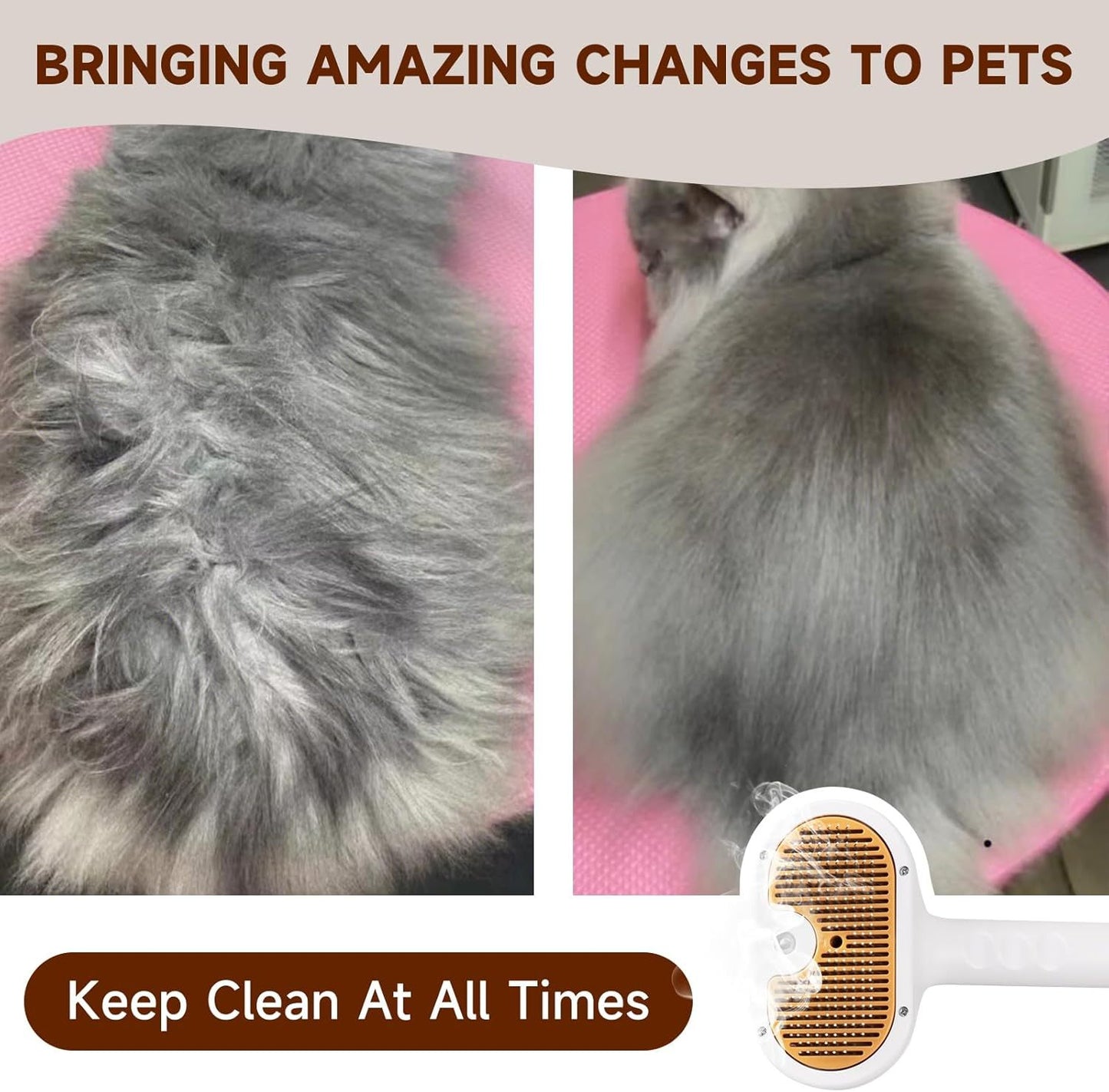 3-in-1 Steam Pet Brush – Spray, Comb & Clean for Cats and Dogs (with Waterless Shampoo & Ear Towels)