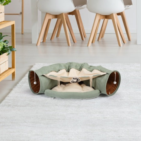 Fiery Paws Collapsible Cat Tunnel Bed – Cozy Hideaway with Cushion & Hanging Toys